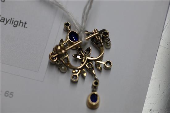 A late Victorian gold and silver, two stone sapphire, round and rose cut diamond set drop brooch, 37mm.
